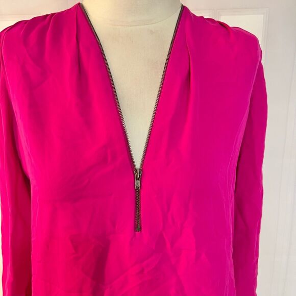 Theory 3/4 sleeve fuchsia hot pink silk zipper neckline blouse size petite - Picture 5 of 14